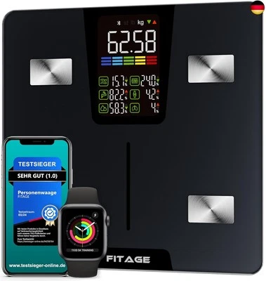 FITAGE Personenwaage digital Testsieger 2024, Körperwaage bis 225kg, Körperfettwaage m