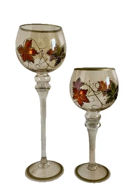 SOPORTAVELAS VOTIVAS PEDESTAL (2) copa alta de vidrio hojas doradas cosecha de otoño Foto 1 de 4