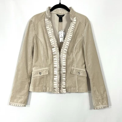 White House Black Market SIZE 6 Stretch Velvet Beige Ruffle Blazer Jacket NWT - Image 1 of 4