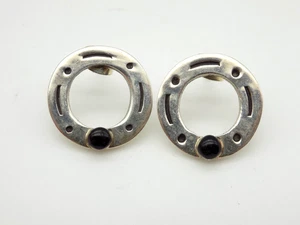 Vintage Sterling Silver Mexico Modernist Circle Black Onyx Stud Earrings Pierced - Picture 1 of 3