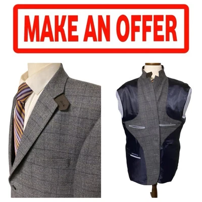 🔥🔥Tommy Hilfiger Gray Windowpane Suede Patch Sports Blazer Jacket 48R I0612 - Image 1 of 4