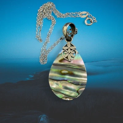 Abalone Shell 925 Sterling Silver Teardrop Pendant Necklace Boho Beach - Image 1 of 4