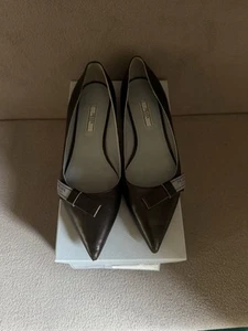 Prada Black Leather Blue Bow Logo Ballet Flats Size 40 US 9 Original Box - Picture 1 of 16