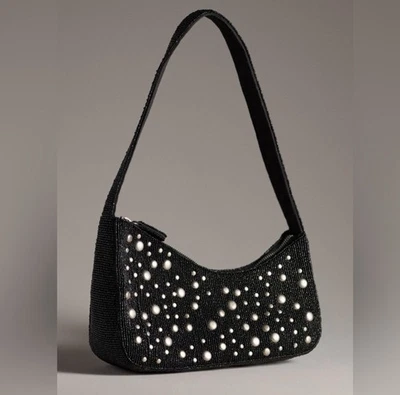 Anthropologie Black Asymmetric Beaded Studded Shoulder Bag NWT! - Image 1 of 4