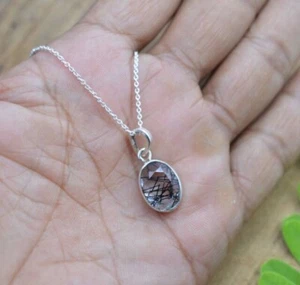 Elegante Nero Rutilo Quarzo Gemma 925 Argento Sterling Collana Regalo per Lei - Foto 1 di 7