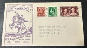 GREAT BRITAIN, KGVI 1937 CORONATION, ILLUSTRATED FIRST DAY COVER, TO NEW JERSEY - Picture 1 of 2
