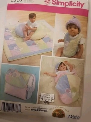 Simplicity 4202 Baby Quilt, Pillow Cover, Bib, Bag and Hat Sewing Pattern Uncut - Image 1 of 3
