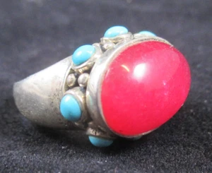 Vintage Pink Rubellite Tourmaline & Turquoise Sterling Ring Size 8- 12 grams - Picture 1 of 15