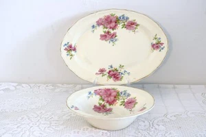 EDWIN M KNOWLES S-443-E1 1930s Pink Blue Flowers Rnd Serving Bowl & Oval Platter - Picture 1 of 8