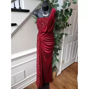 Miss Ord Long Gown Women 2XL Red Sequin Velvet One Shoulder Sleeve Wedding Party - Picture 1 of 14