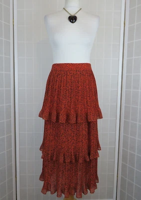 Whistles Skirt Size 14 Orange Black Animal Print Chiffon Plisse Pleats Tiered - Image 1 of 4