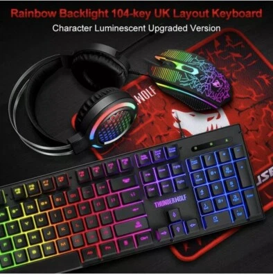 Thunderwolf 4-in-1 Gaming Combo Keyboard Mouse Set Headset + Mouse Pad - Image 1 of 4