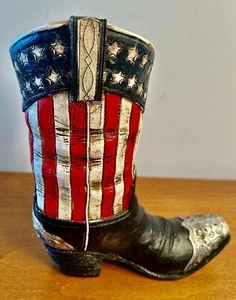 Rustic Western American Flag Old Faithful Patriotic Cowboy Boot Floral Vase EUC - Picture 1 of 8
