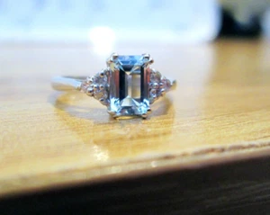9ct White Gold Emerald Cut Natural Aquamarine & Diamond Art Deco Style Ring 9k - Picture 1 of 8