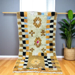 Vintage Moroccan Berber Rug Wool Shag Geometric Checkered Border Cream Orange - Picture 1 of 12
