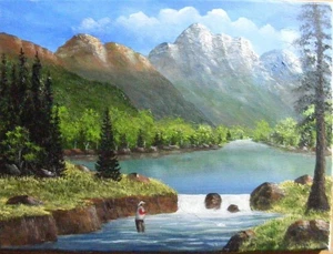 PINTURA DE PAISAJE ARTÍSTICO ORIGINAL 12 X 16 LAGO DE MONTAÑA ROCOSA, PESCA CON MOSCA TRUCHA - Imagen 1 de 1