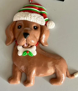 Dackel Weihnachtsschmuck braun Wiener Hund Nikolaus Mütze Fliege 4" Ton - Bild 1 von 2