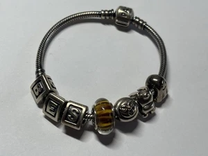 7" Pandora Sterling Silver Bracelet with 7 Beads and Charms - Picture 1 of 15