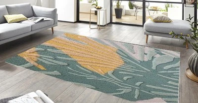 Alfombra alfombra suave 100 % lana acolchada a mano azul celeste peces costeros modernos Foto 1 de 4