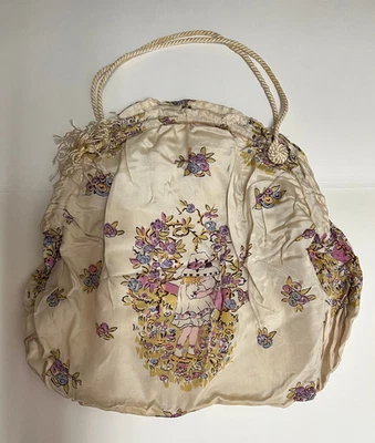 Старинный красивый атласный (возможно шелк) сумочка сумка с куклой дизайн печати - без этикетки - Изображение 1 из 4