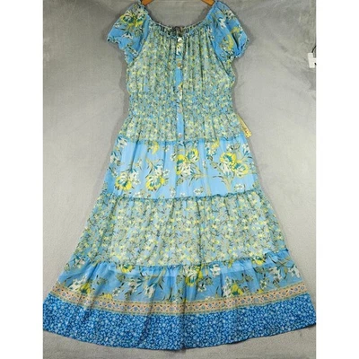 Figueroa & Flower Maxi 连衣裙女式 XL 缩褶分层 Cottagecore 波西米亚草原 — 第 1/4 张图片