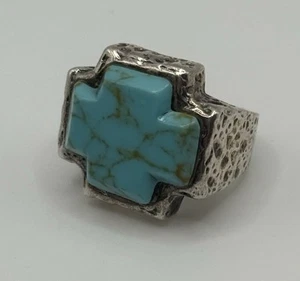 Vintage Native Navajo 925 Sterling Silver Turquoise Cross Huge Ring Sz 6.5 CFJ - Picture 1 of 8
