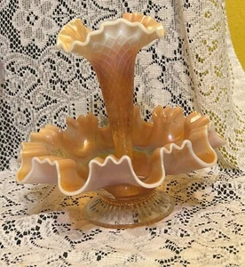 "FISHNET" SINGLE LILY EPERGNE PEACH OPALESCENT CARNIVAL GLASS BY DUGAN GLASS CO. - Picture 1 of 7