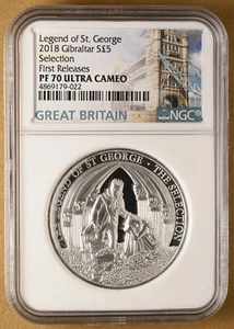 2018 Gibraltar Silver 5 Pounds Legend of St George 'Selection' NGC PF 70 Ult Cam - Picture 1 of 2