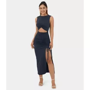Halara Twisted Cut Out Ruched Drawstring Split Hem Bodycon Midi Casual Dress L - Picture 1 of 6
