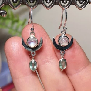 Rainbow Moonstone and Green Kyanite Sterling Silver Earrings - Picture 1 of 5