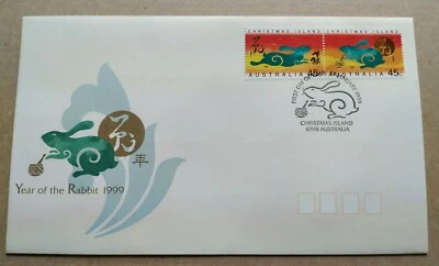 1999 Christmas Island Zodiac Animals Lunar Year of the Rabbit 2v Stamps FDC - Image 1 of 3