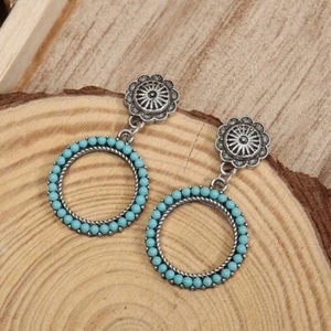 Turquoise Stone Circle Retro Vintage Textured Silver Flower Geometric Earrings - Bild 1 von 6