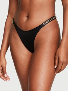 Victoria's Secret VERY SEXY - M Shine Strap Black Satin Gold Chain Thong Panty - Picture 1 of 9