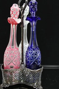 Antique Triple Cased Bohemian Decanter Set in Silver Plate Holder c. 1800 {148} - Picture 1 of 24