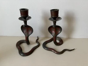 Pair of Antique Persian Brass Snake Serpent Cobra Candlestick Candle Holders - Picture 1 of 3