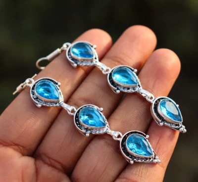 Pendiente de joyería de plata de ley 925 hecho a mano con piedra de topacio azul de Londres para mujer Foto 1 de 3