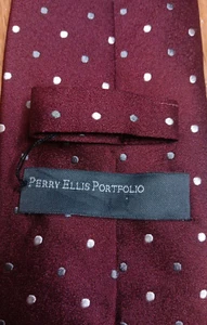 Vintage Silk Necktie Perry Ellis Portfolio - Maroon Polka Dot VTG Designer Tie - Picture 1 of 11
