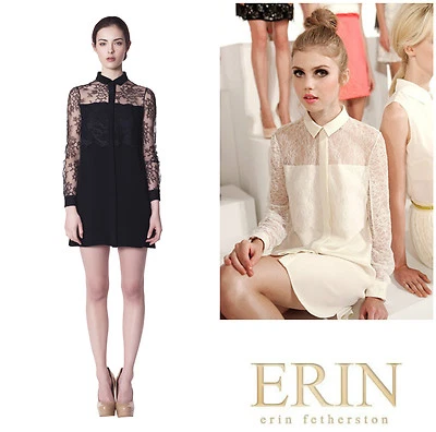 VESTIDO CAMISERO RUNWAY ERIN FETHERSTON ENCAJE SUPERPUESTO SEDA TALLA 4 NUEVO CON ETIQUETAS $ 540  Foto 1 de 3