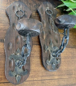 Vtg Mid Century Gothic Spanish Revival Wall Sconce Pair Dk Wood Wrought Iron - Picture 1 of 13