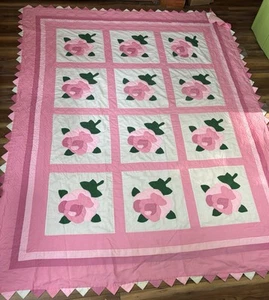 Vintage Hand Stitched ROSE Applique Patchwork Quilt Pink / White 87” X 71” - Picture 1 of 12