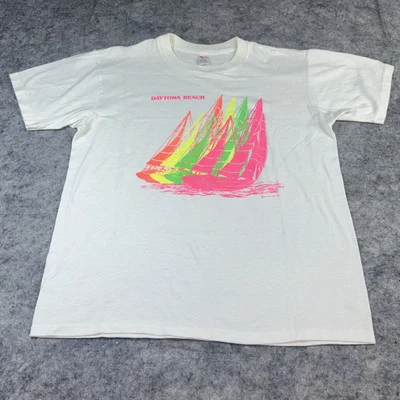 Vtg Textile Prints Daytona Beach FL Men’s XL Single Stitch Shirt Neon Sailboats - Image 1 of 4