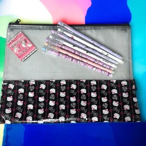 Sanrio Hello Kitty Large Pencil Pouch W/Kuromi Pen Set Makeup Travel School New - Picture 1 of 7