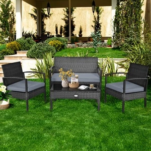 Patio Garden 4PC Rattan Wicker Furniture Set Black - Picture 1 of 10