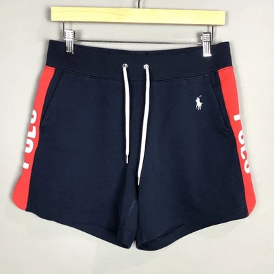 Polo Ralph Lauren Womens Terry Sweat Shorts SZ S Navy Blue Red Spellout Logo - Image 1 of 4
