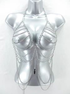 Body Chain Silver Mesh Bra Drape Harness Bikini Coverup Necklace Quartz Pendant - Picture 1 of 11