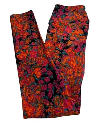 LuLaRoe Leggings OS One Size BLACK ORANGE PINK Colorful Fun Floral STRETCH Fit - Image 1 of 4