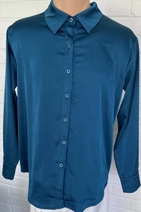 Turquoise Blue Satin Button Front Long Sleeve Blouse Size Medium NWT - Picture 1 of 7