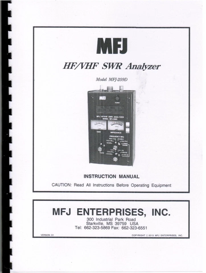 MFJ 259D SWR HF/VHF SWR Analyzer Operating & Instruction Manual - Image 1 of 1