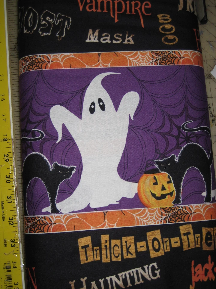 PRIMITIVE 100% HALLOWEEN SPOOKY SPECTACULAR GHOST STRIPE COTTON FABRIC 45"  - Image 1 of 1