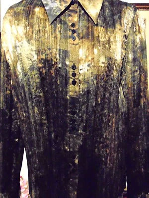 Blusa para mujer Simon Chang dorada plateada marrón con estampado animal arrugada talla 6 Foto 1 de 3